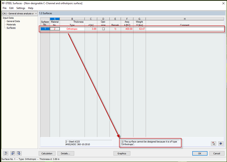 Powierzchnia ortotropowa nie jest obliczana w module dodatkowym RF-STEEL Surfaces