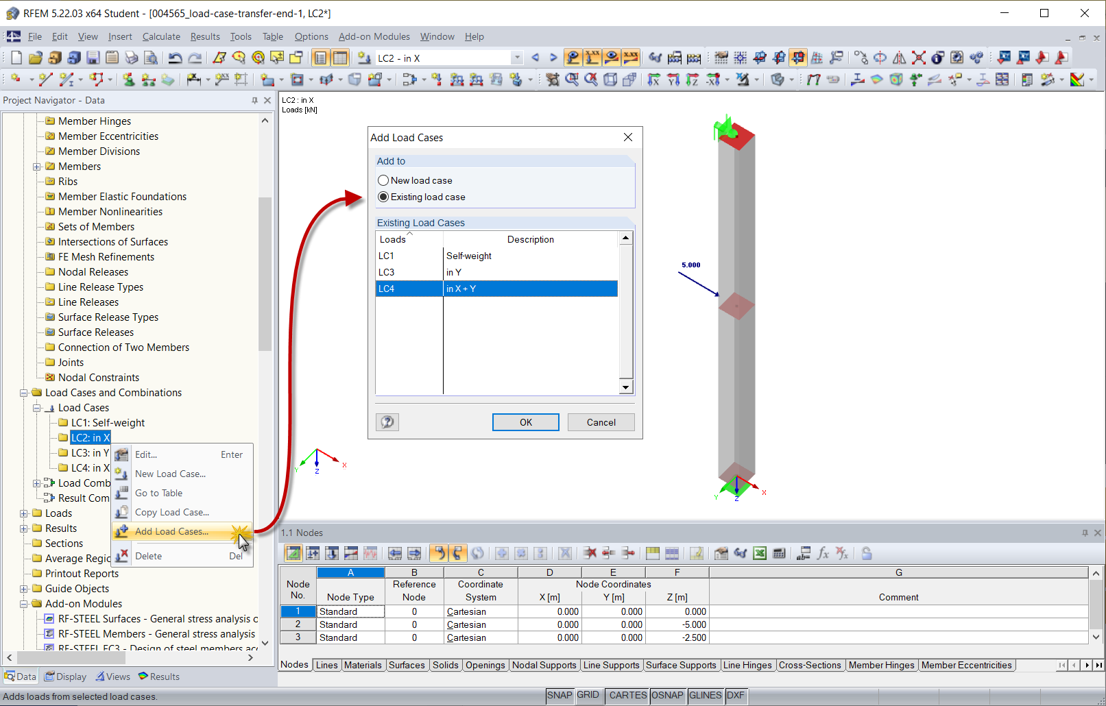 Kliknięcie istniejącego przypadku obciążenia prawym przyciskiem myszy i wybór opcji „Dodaj przypadki obciążeń”