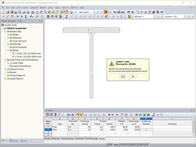 Komunikat o błędzie „Spoina nie jest połączona z dwoma elementami”