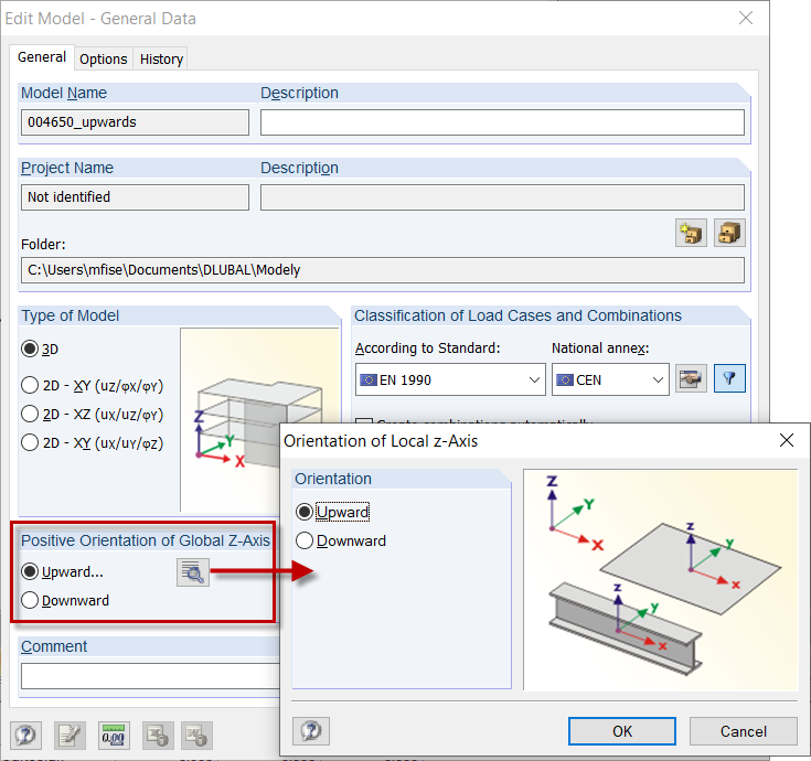 Dane ogólne z definicją osi