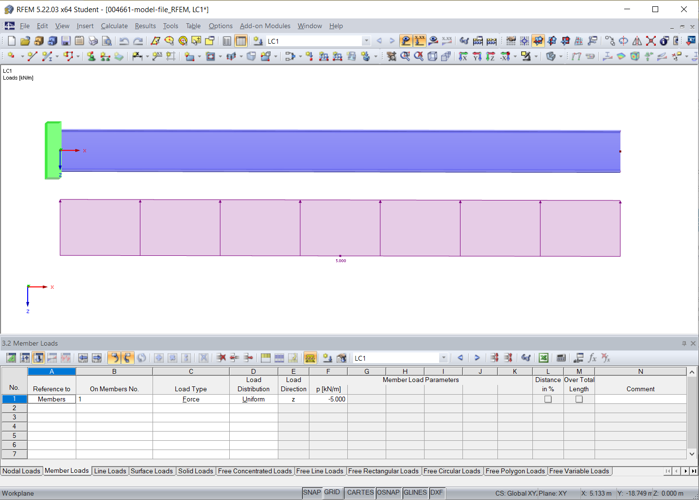 Obciążenie prętowe w kierunku ujemnej lokalnej osi pręta z