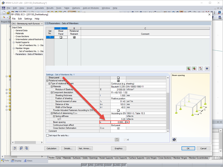 Utwierdzenie obrotu - rozstaw belek