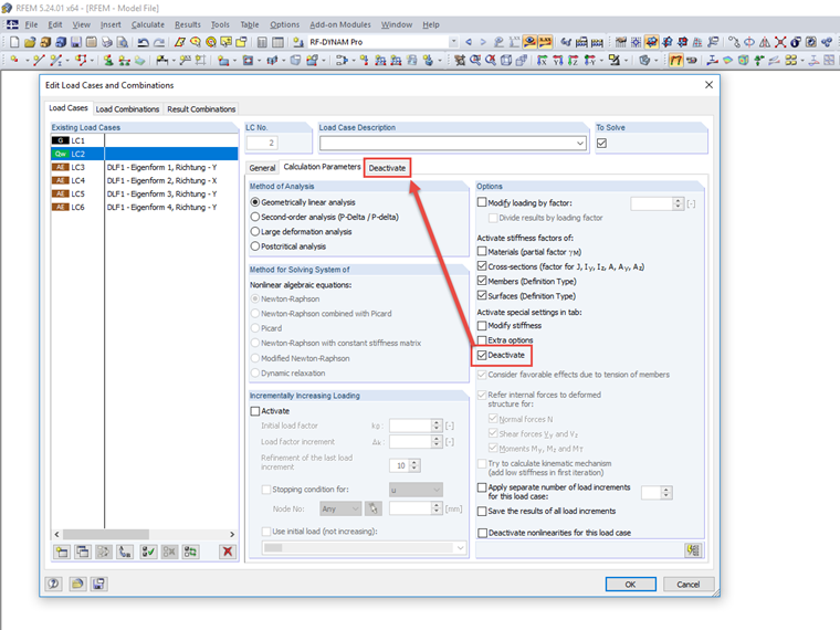 Dezaktywacja prętów w pierwotnym przypadku obciążenia