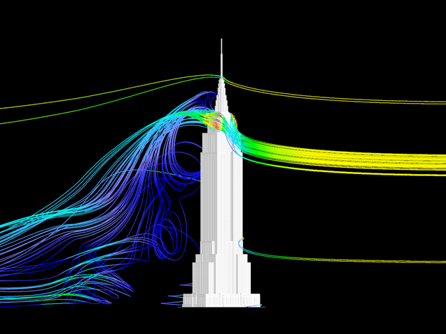 Empire State Building i wyniki symulacji przepływu wiatru