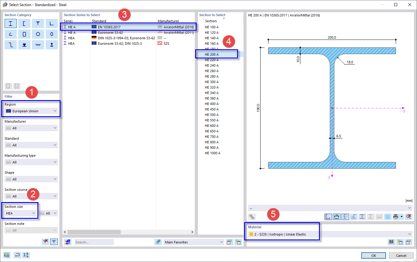 Wybór przekroju HE 200 A w bibliotece