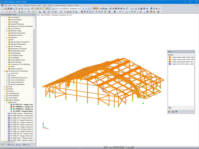Model 3D konstrukcji drewnianej w programie RFEM
