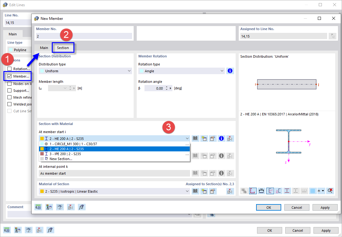 Przypisywanie prętów do linii