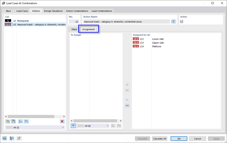 Zakładka 'Oddziaływania' i podzakładka 'Przypisanie' pokazujące przypadki obciążeń kategorii oddziaływania A2