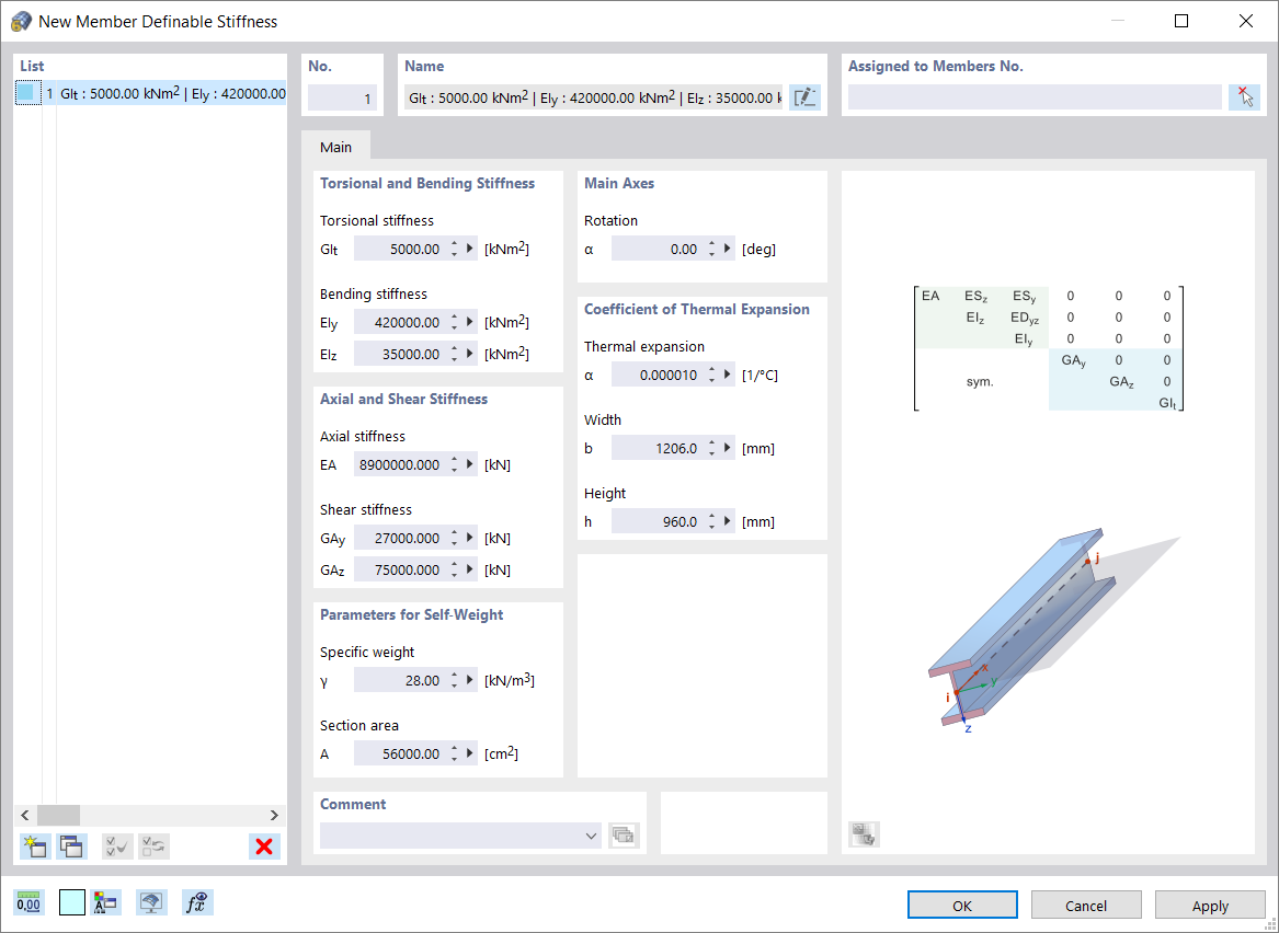 Okno dialogowe 'Zdefiniowana sztywność pręta'