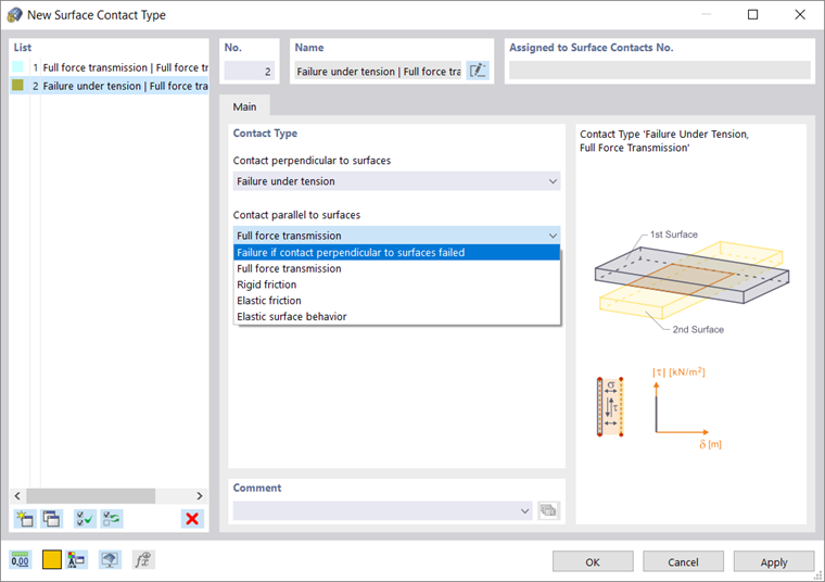 Okno dialogowe 'Nowy typ kontaktu powierzchniowego'