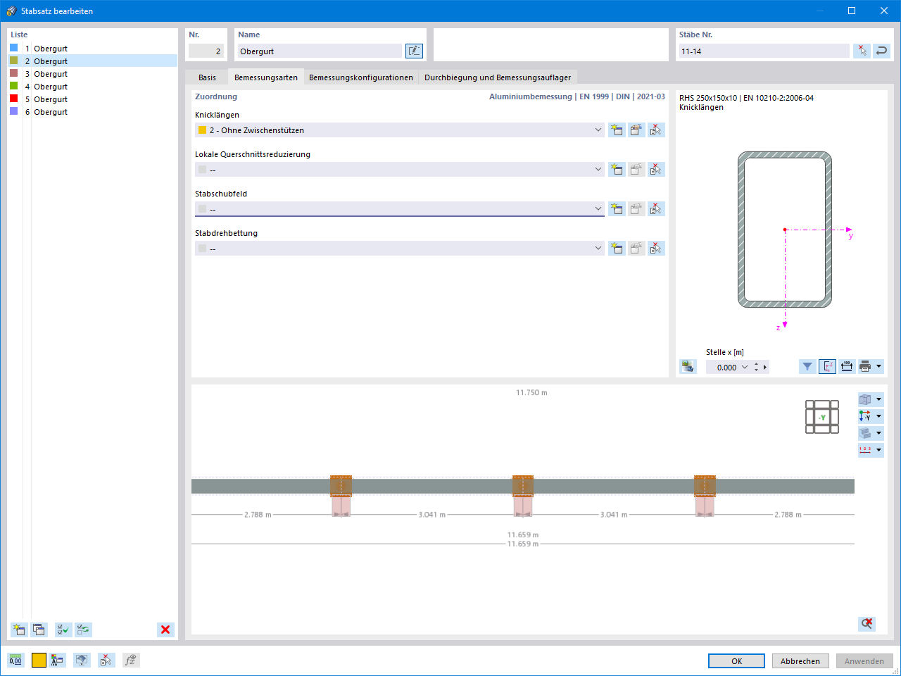 Tabela do edycji zestawów prętów z uwzględnieniem typów obliczeń i przekrojów aluminiowych.