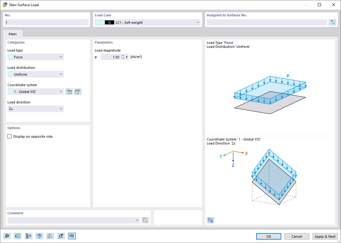 Okno dialogowe 'Nowe obciążenie powierzchniowe'