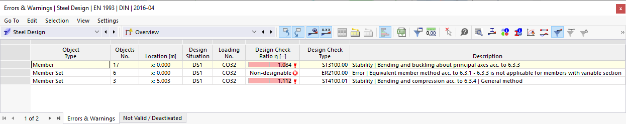 Tabela wyników dla błędów i ostrzeżeń podczas wymiarowania konstrukcji stalowych