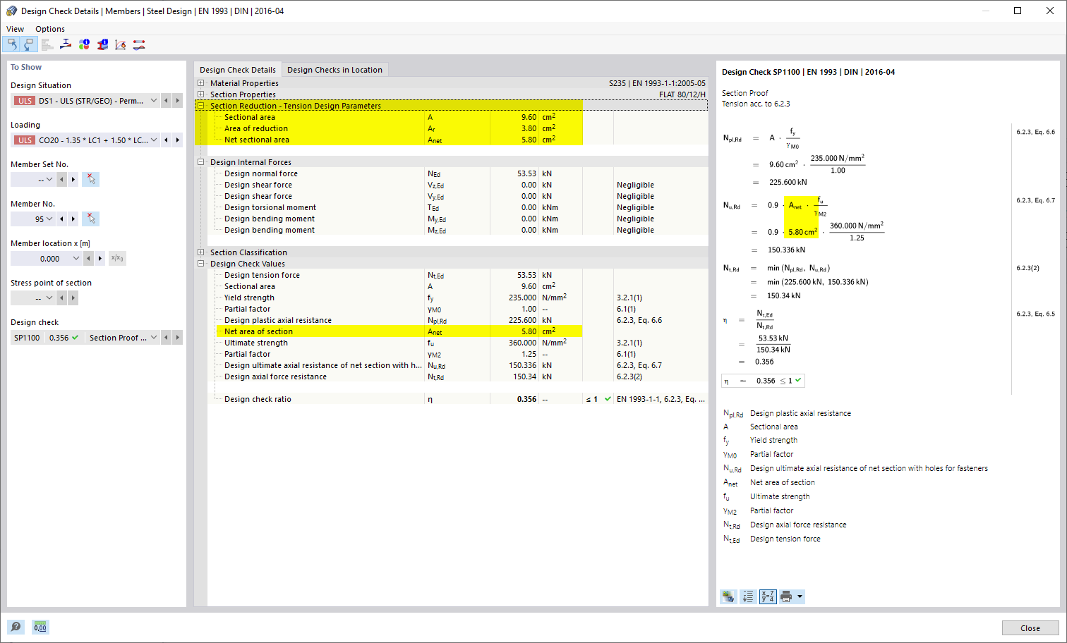 Szczegóły obliczeń wymiarowania stali - wymiarowanie rozciągania z lokalnym osłabieniem przekroju