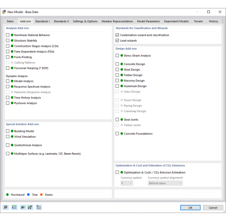 Okno dialogowe "Nowy model - dane podstawowe", zakładka "Rozszerzenia"