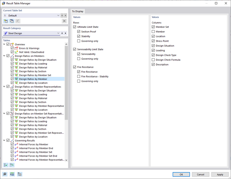 Menedżer tabel wyników dla obliczeń stali, stopnie obliczeń według prętów