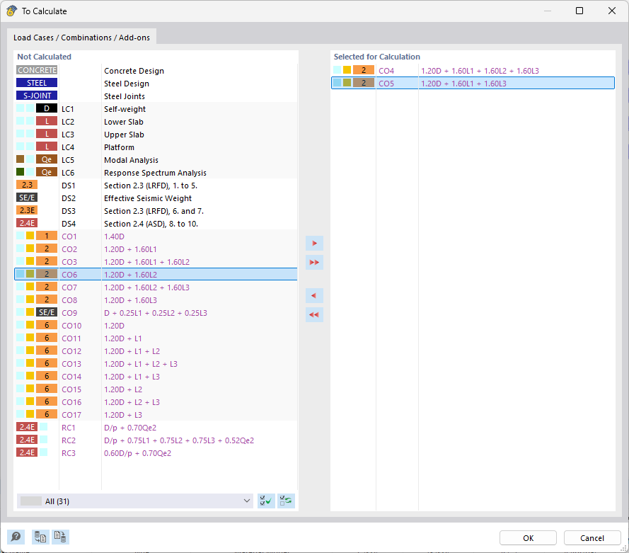 Wybór kombinacji obciążeń dla obliczeń