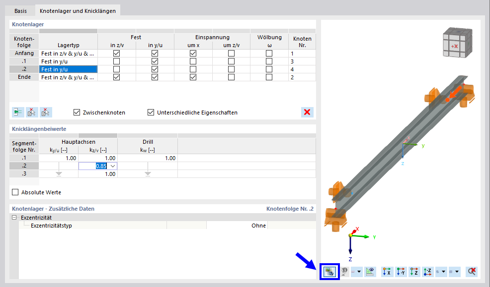 Okno dialogowe "Nowe długości efektywne", definiowanie podpór węzłowych i długości efektywnych