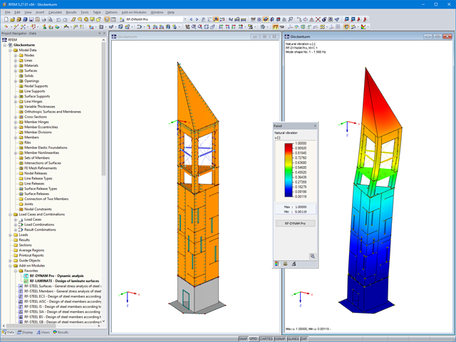 Model wieżowy (po lewej) i pierwszy kształt drgań własnych (po prawej) w RFEM (© ingwh)