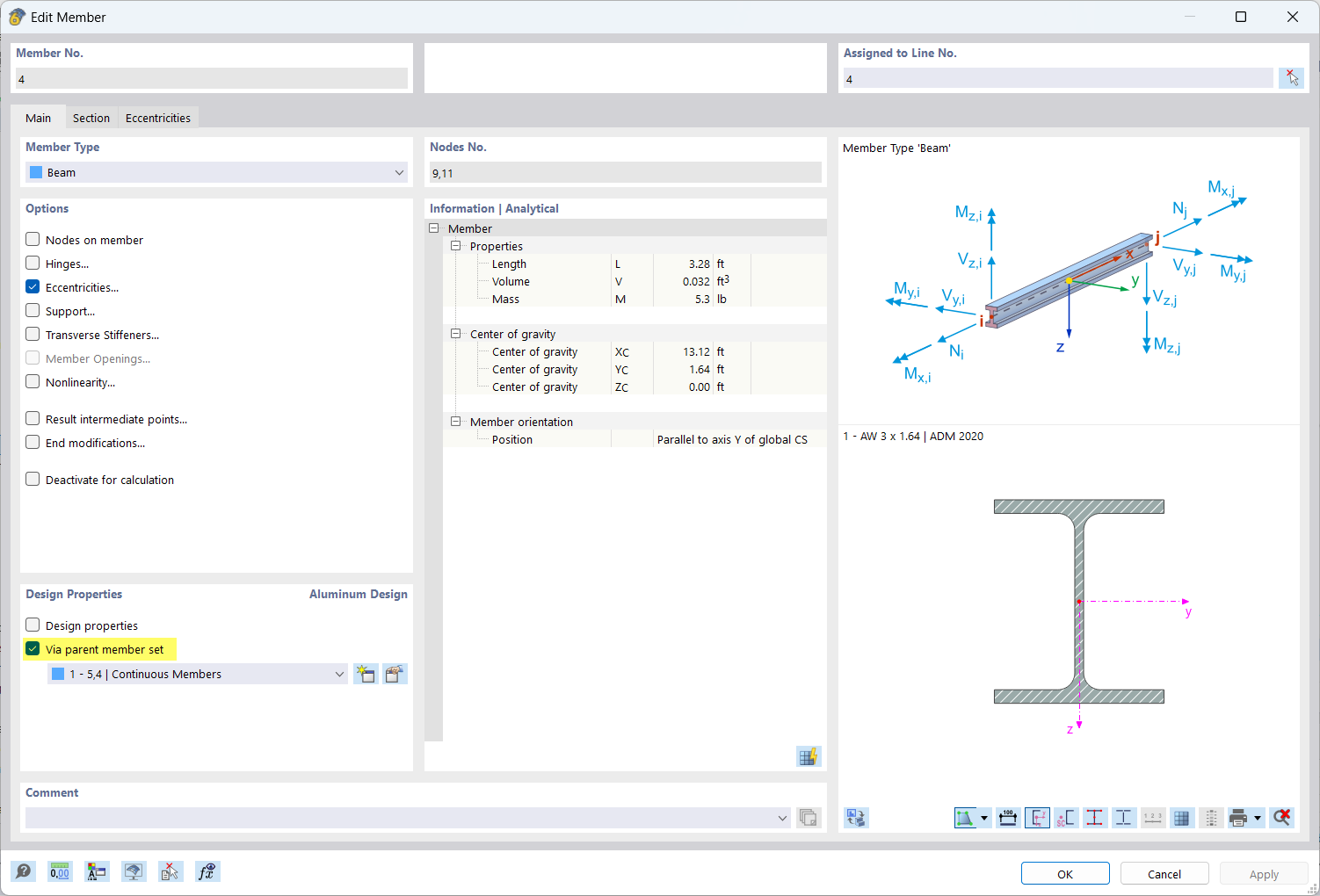 Okno dialogowe "Edytuj pręt", projektowania konstrukcji aluminiowych z zastosowaniem nadrzędnego zbioru prętów
