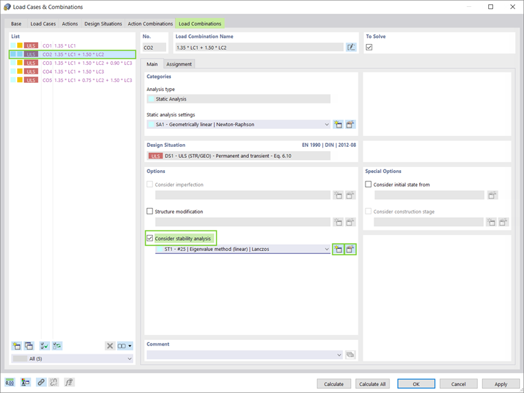 Uwzględnienie analizy stateczności w odniesieniu do przypadków/kombinacji obciążeń