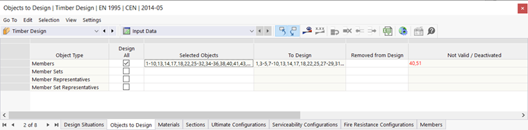 Tabela danych wejściowych dla obiektów do wymiarowania w drewnie