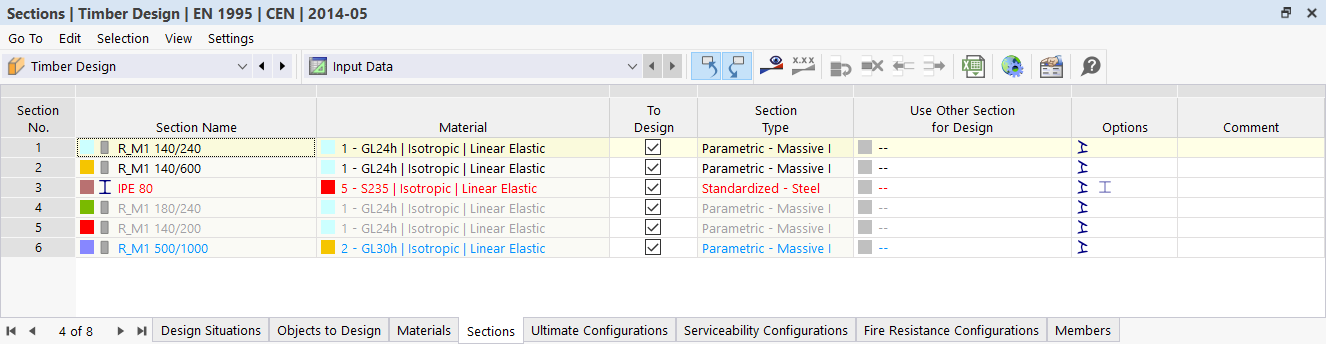 Tabela wprowadzania przekrojów w wymiarowaniu drewna