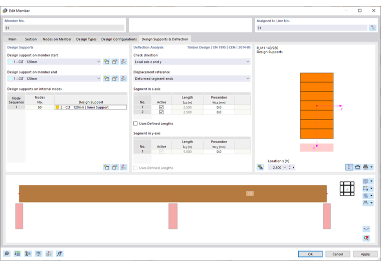 Okno dialogowe "Edytuj pręt" | Podpory obliczeniowe i ugięcia