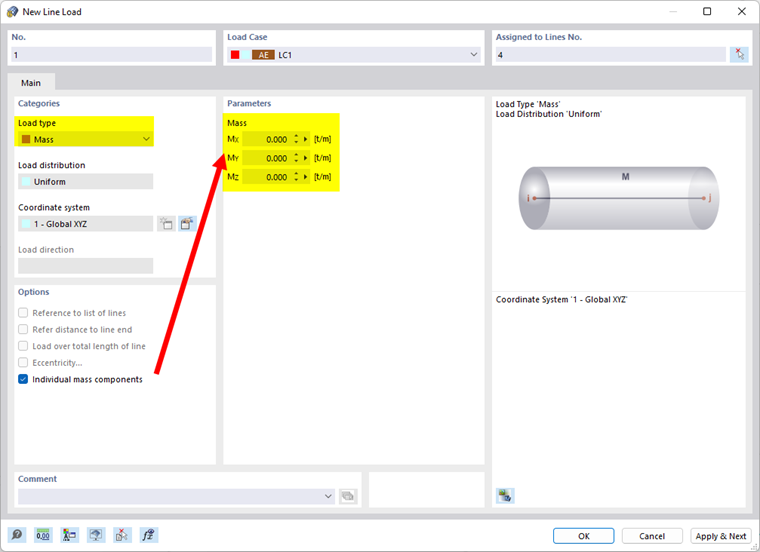 Zdefiniuj obciążenie liniowe o typie obciążenia 'Masa'