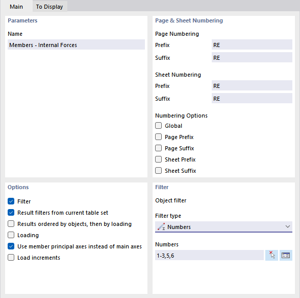 'Główna' zakładka sił wewnętrznych pręta