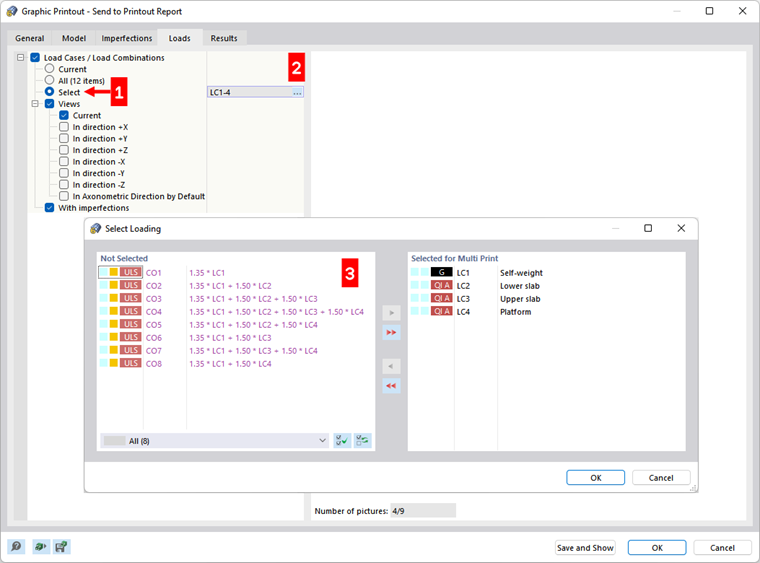Definiowanie przypadków obciążeń dla wielu wydruków