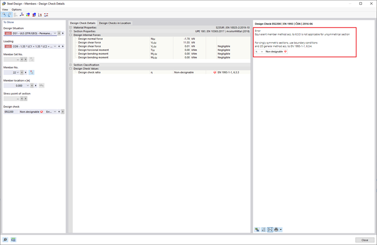 FAQ 005224 | Mam problem z zaprojektowaniem konstrukcji stalowej. W przypadku przekroju monosymetrycznego (UPE) program nie może przeprowadzić analizy stateczności. Informuje, że