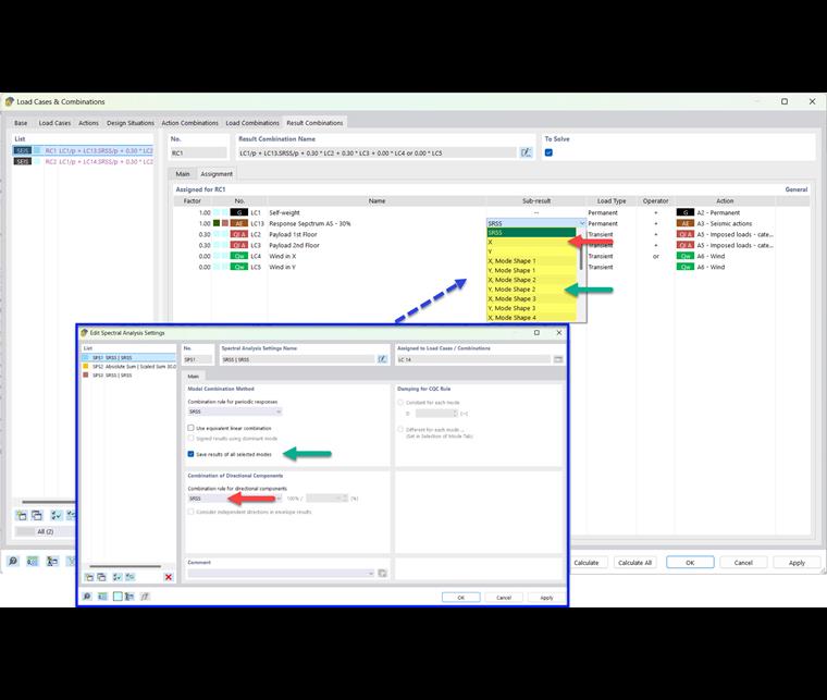 Wynik pośredni dla kombinacji wyników dla trzęsienia ziemi z zapisanymi postaciami własnymi i regułą SRSS