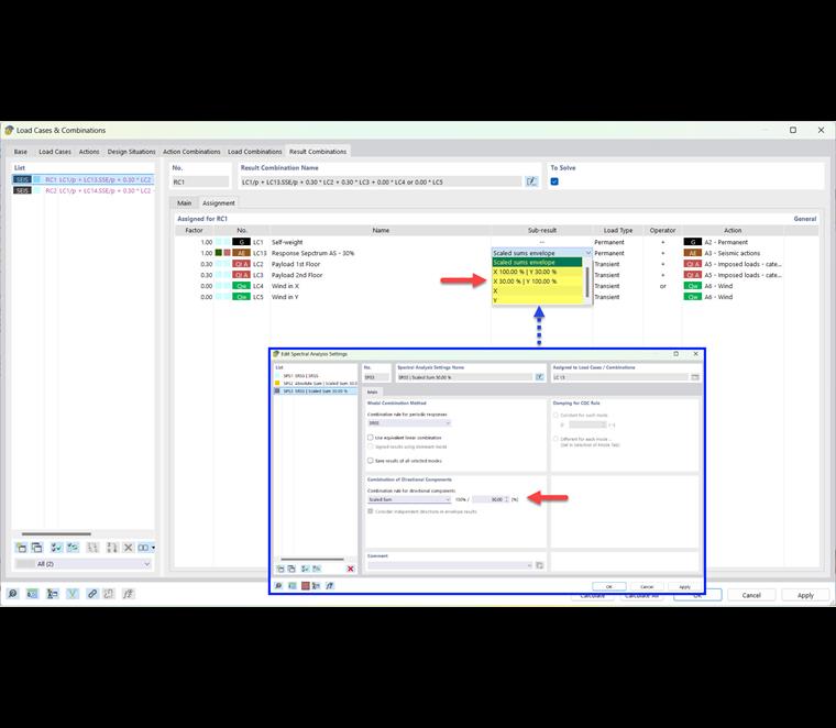 Częściowe wyniki dla kombinacji obciążeń sejsmicznych przy sumie skalowanej
