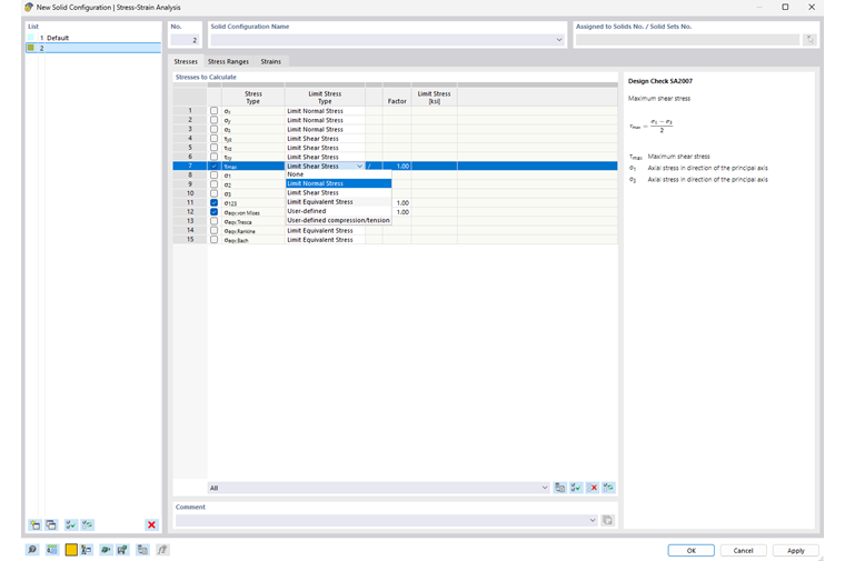 Okno "Konfiguracja bryły": Definiowanie naprężeń do obliczenia