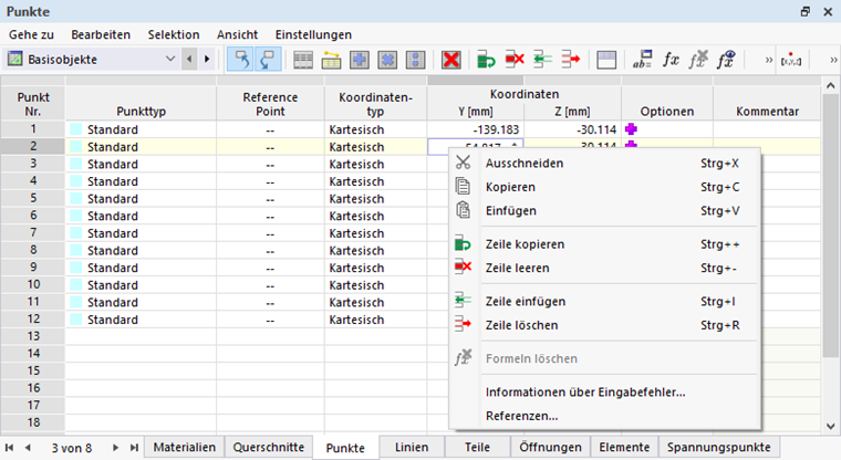 Funkcje w menu kontekstowym tabeli