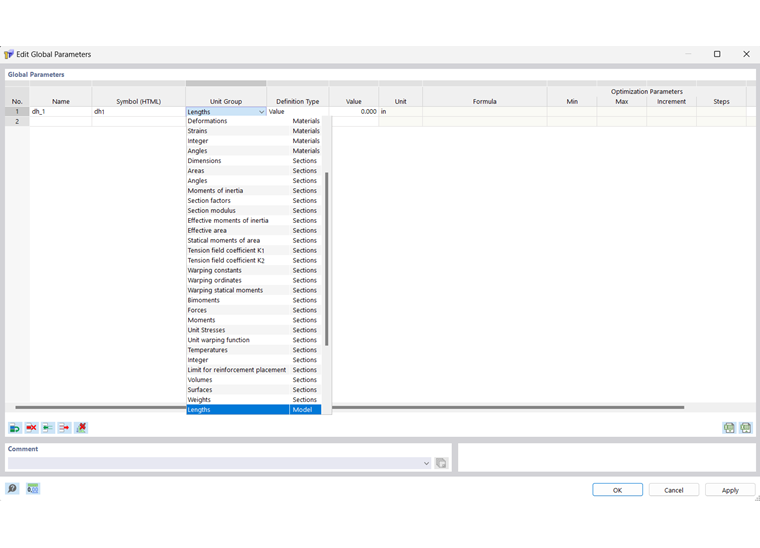 Okno Edycji parametrów globalnych