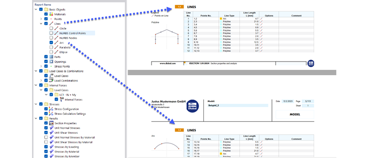 Wybrane elementy raportu (po lewej) i zawartość rozdziału (po prawej)