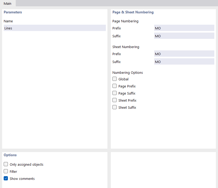 Zakładka 'Główne' dla linii