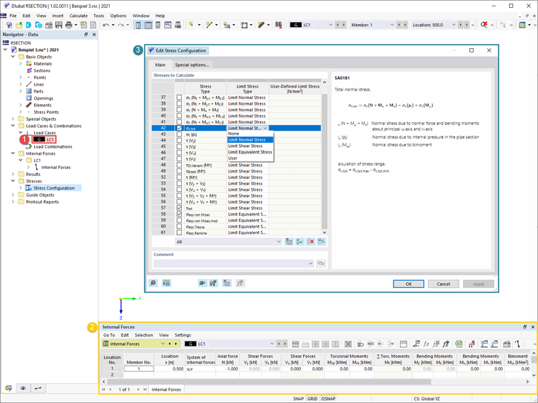 Definiowanie przypadku obciążenia, sił wewnętrznych i naprężeń do obliczenia