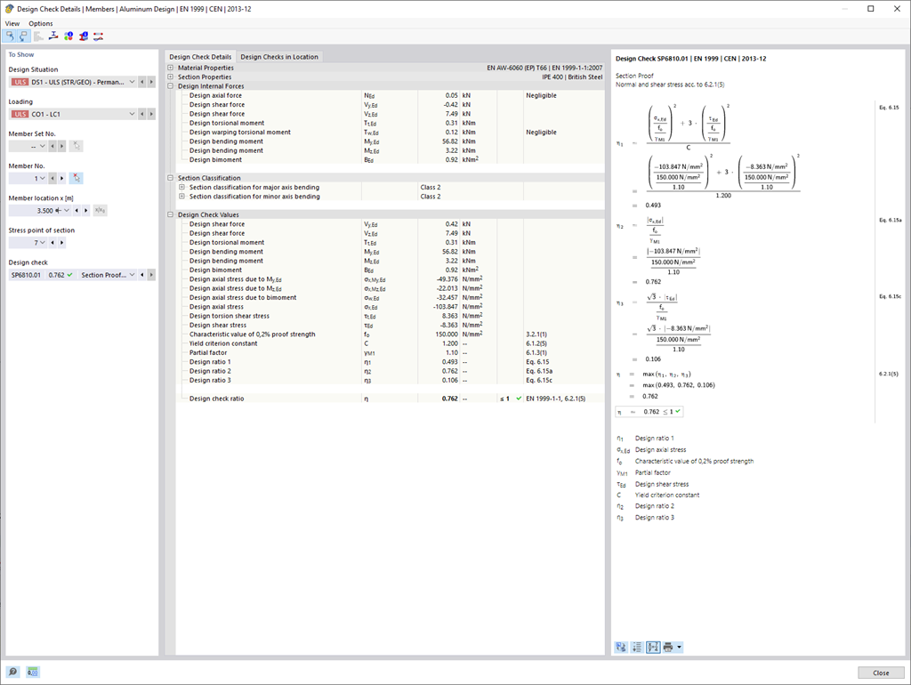 Przedstawienie obliczeń przekroju dla skręcania skrępowanego w modelu 3D. Pokazano siły wewnętrzne, takie jak siła normalna i momenty skręcające.