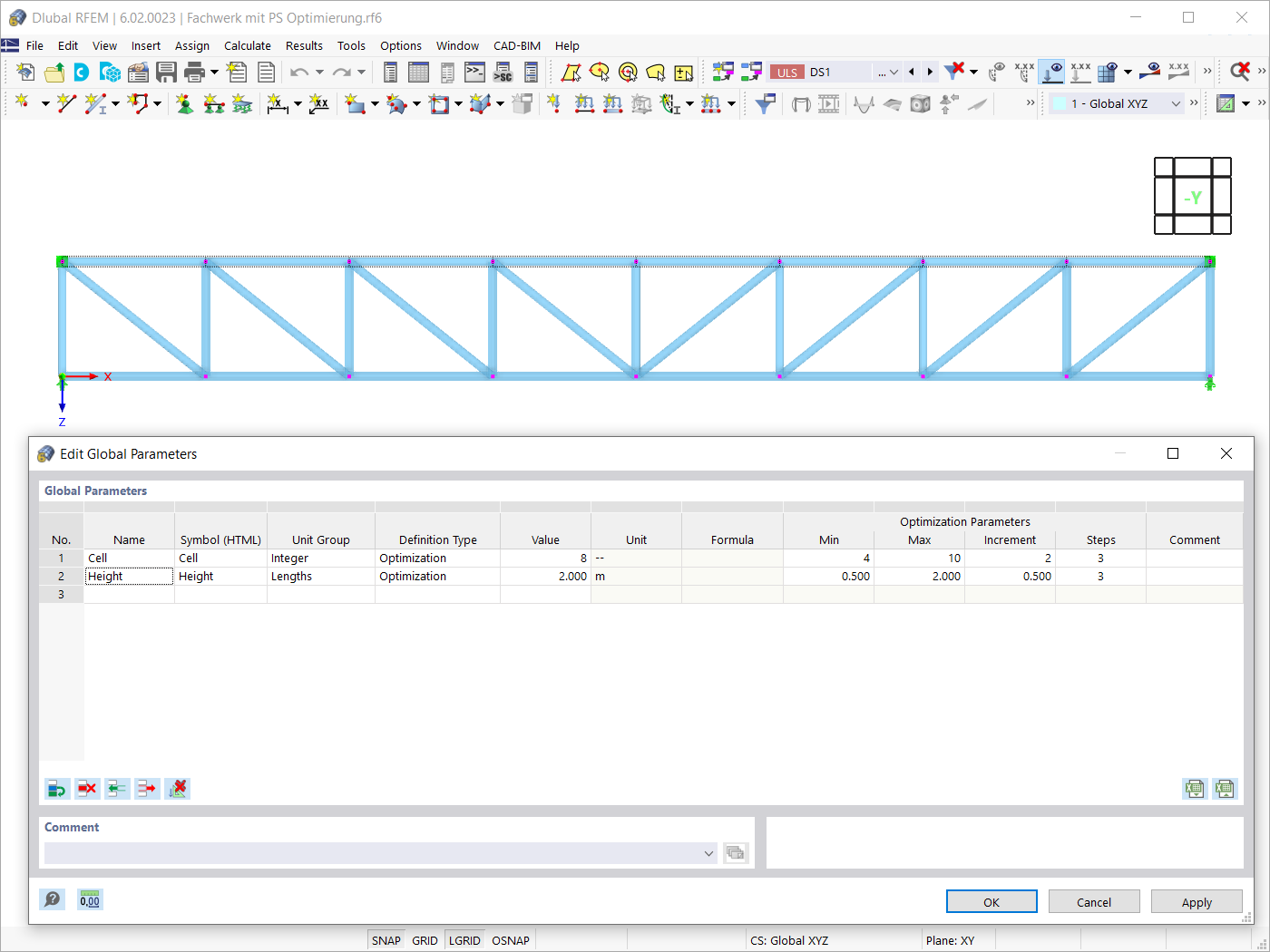 Globalne parametry dźwigara kratownicowego