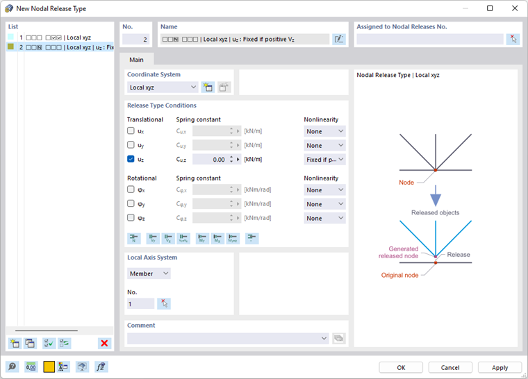 Okno dialogowe 'Nowy typ zwolnienia węzła'