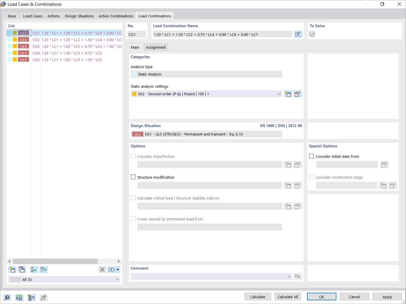 Liczba kombinacji obciążeń z redukcją