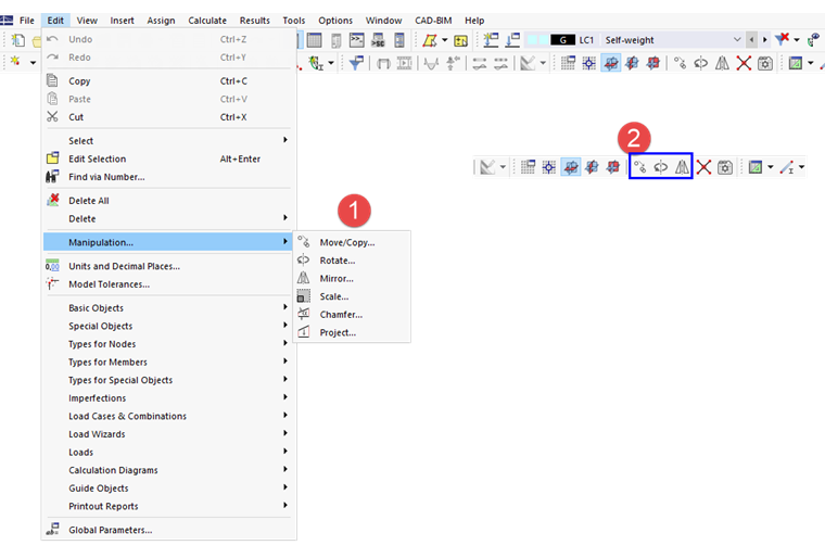 Narzędzia do modelowania w menu "Edytować" oraz przyciski na pasku narzędzi