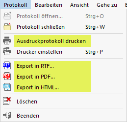Menu 'Raport' w raporcie z obliczeń