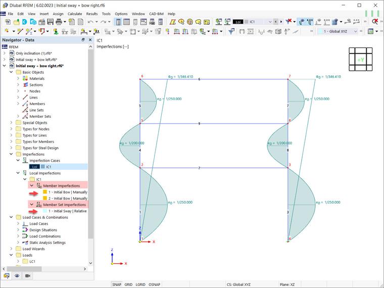 Globalne początkowe przechylenie (φ) i początkowy wygięcie (-e)