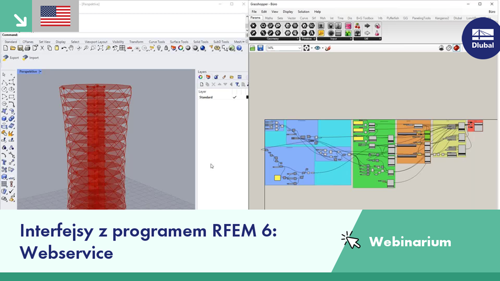 Interface presentation highlighting Webservice with Rhino and Grasshopper integration in an expert webinar session with visual aids.