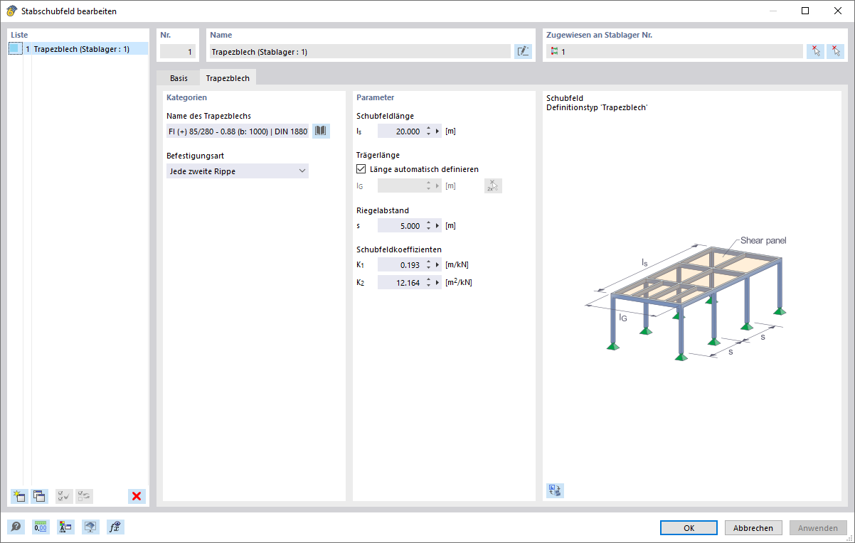 Okno dialogowe 'Podpole pręta', zakładka 'Blacha trapezowa'