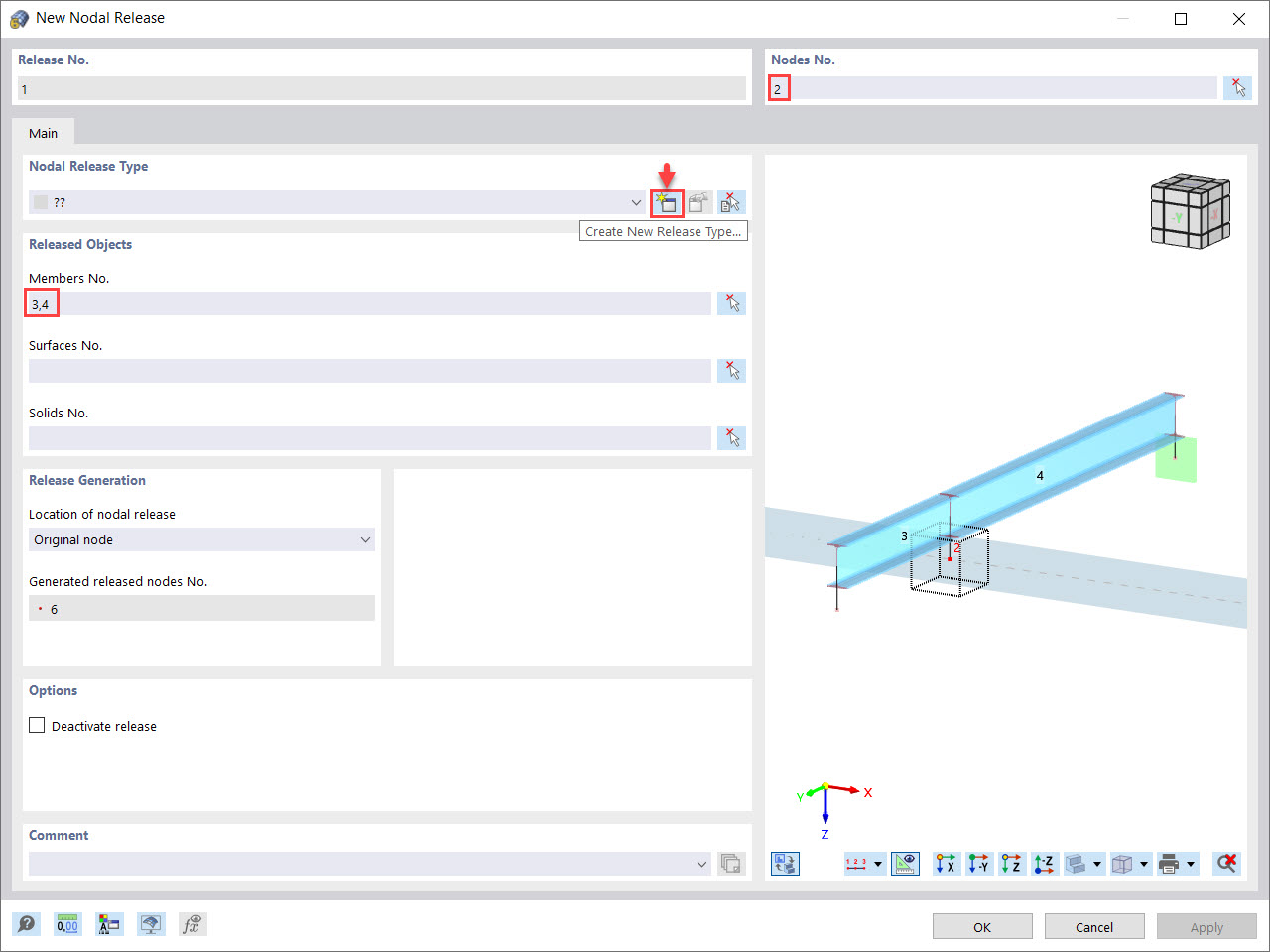 Okno dialogowe "Nowe zwolnienie węzłowe"